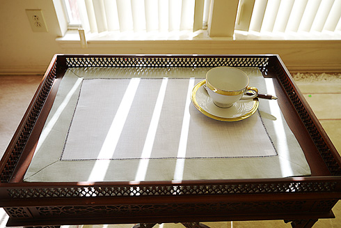 White Hemstitch Placemats 14"x20". Slate Gray color border